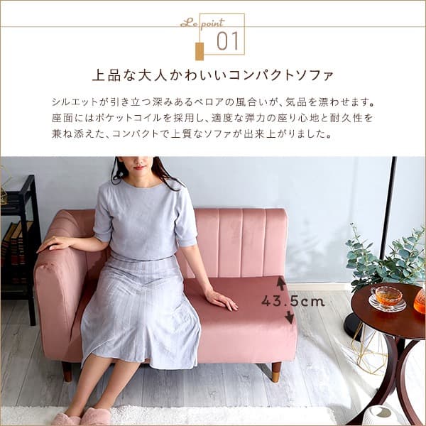 【送料無料】大人かわいい 片肘2人掛けベロアソファ コーナー ポケットコイル