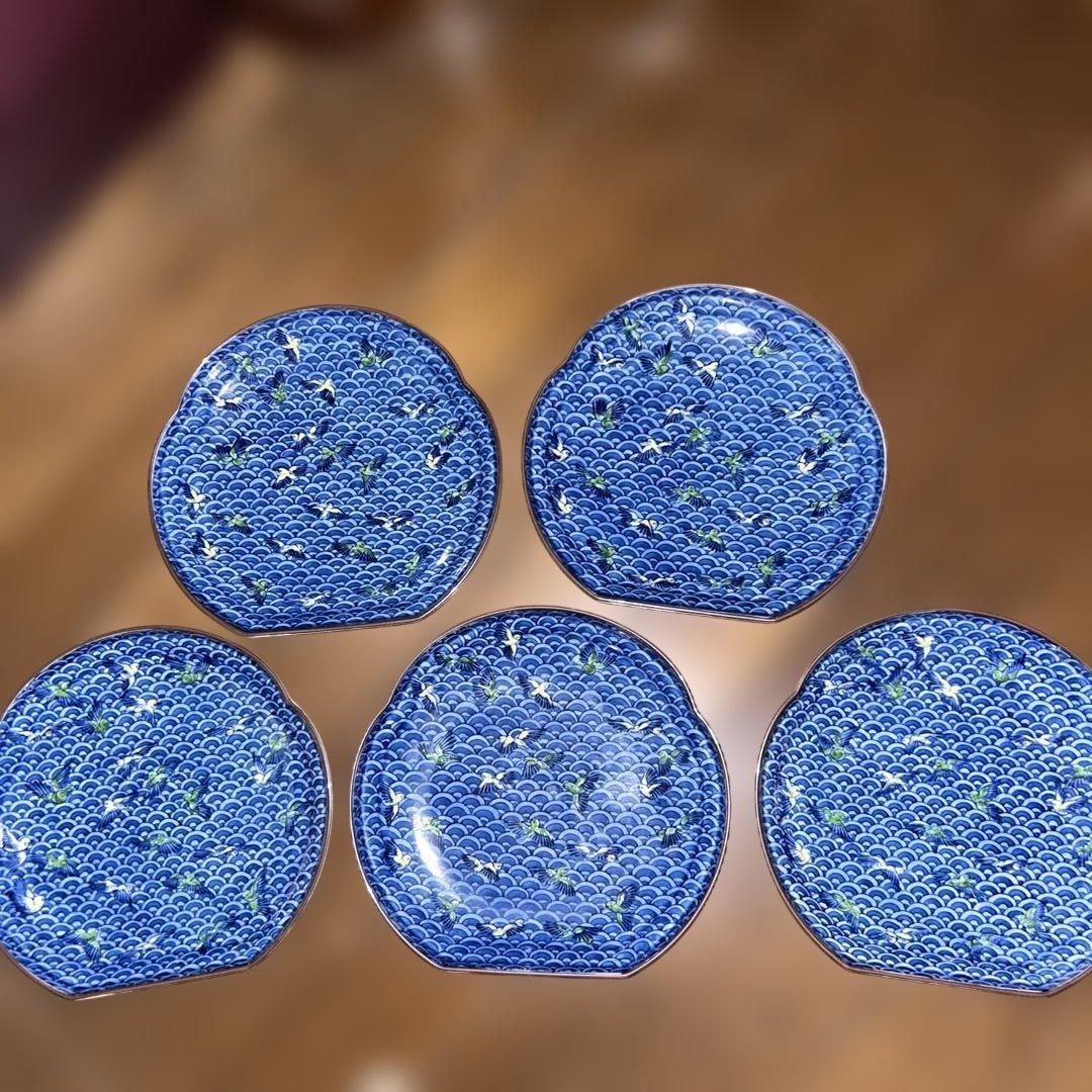 美品　源右衛門　青色波模様皿 5枚セット　幅約18cm