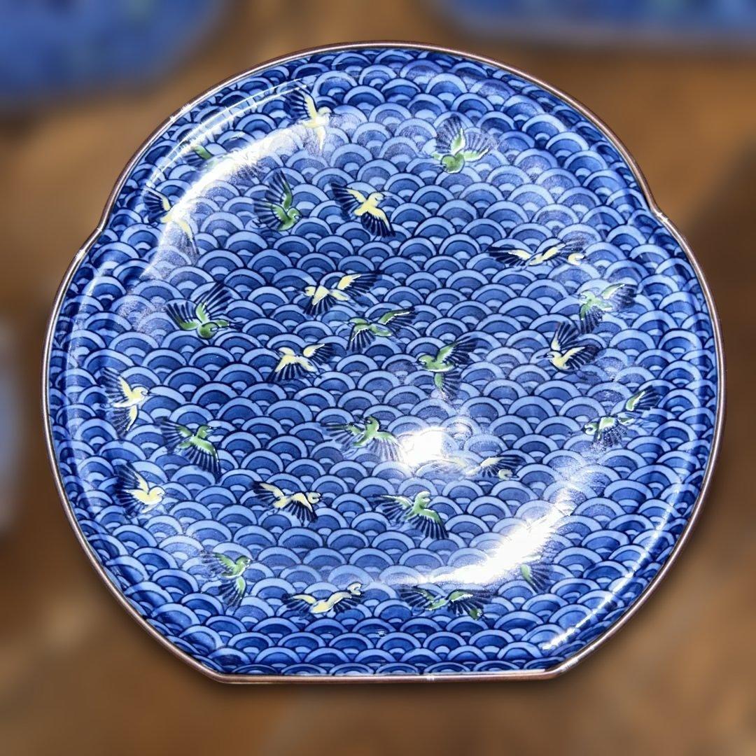 美品　源右衛門　青色波模様皿 5枚セット　幅約18cm