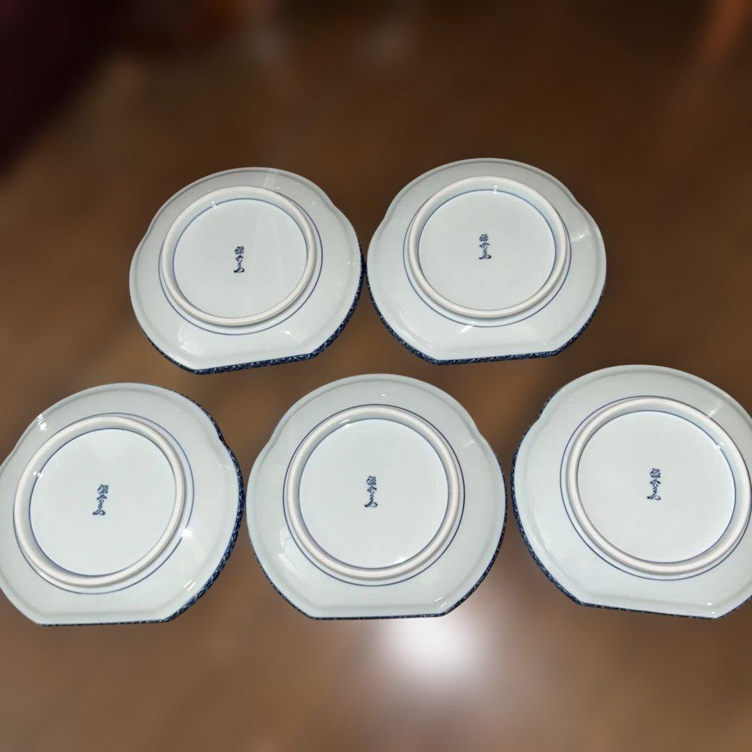 美品　源右衛門　青色波模様皿 5枚セット　幅約18cm