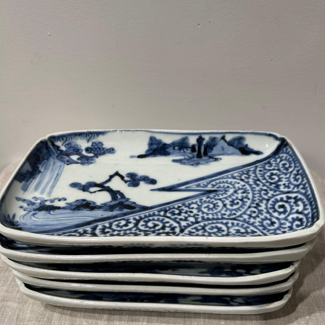 元禄時代　古伊万里　角皿　富貴長春5枚セット　完品