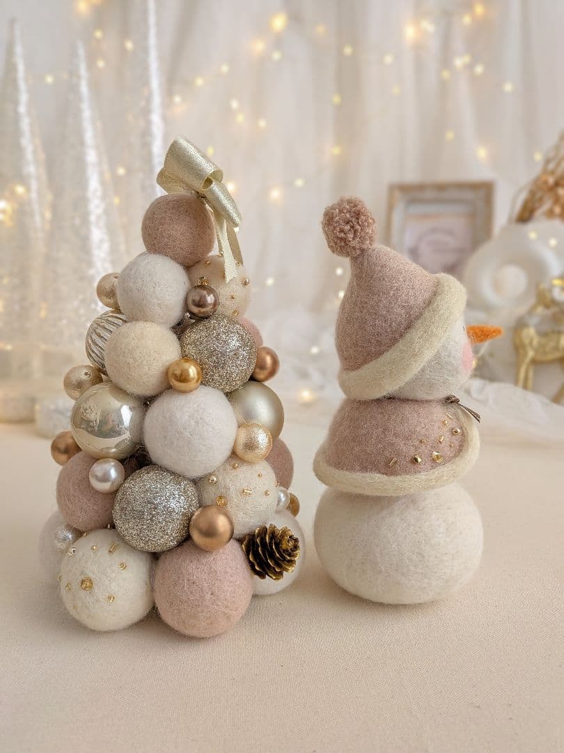 【クリスマス飾り】フェルトボールツリー&スノーマンのセットアイテム（ホワイト系）