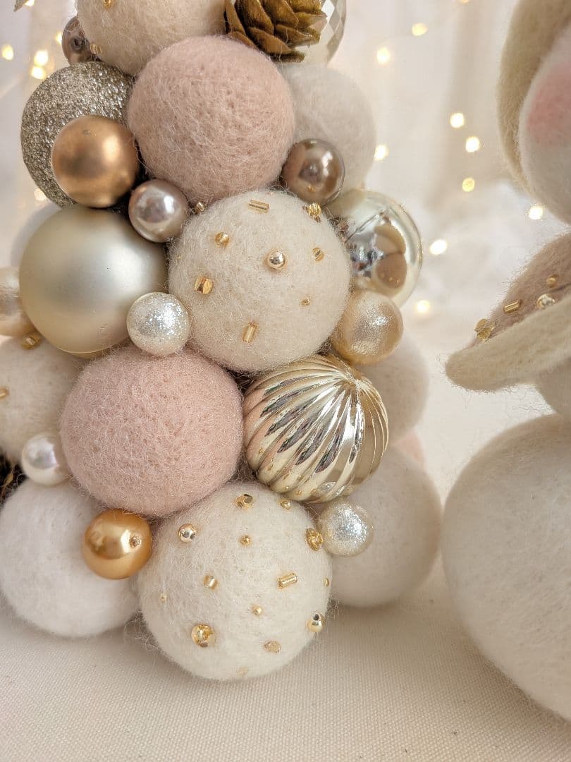 【クリスマス飾り】フェルトボールツリー&スノーマンのセットアイテム（ホワイト系）