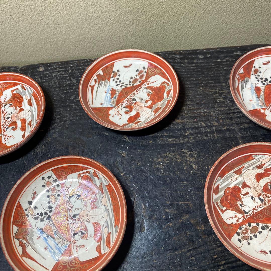 明治　九谷　赤絵小皿5枚セット