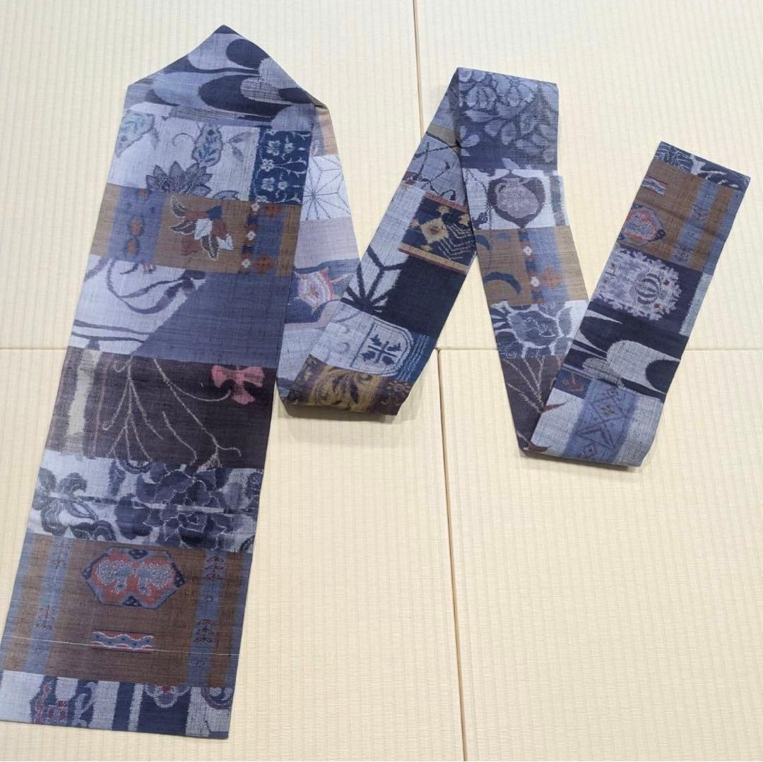 小千谷紬 横段 絵絣 九寸名古屋帯