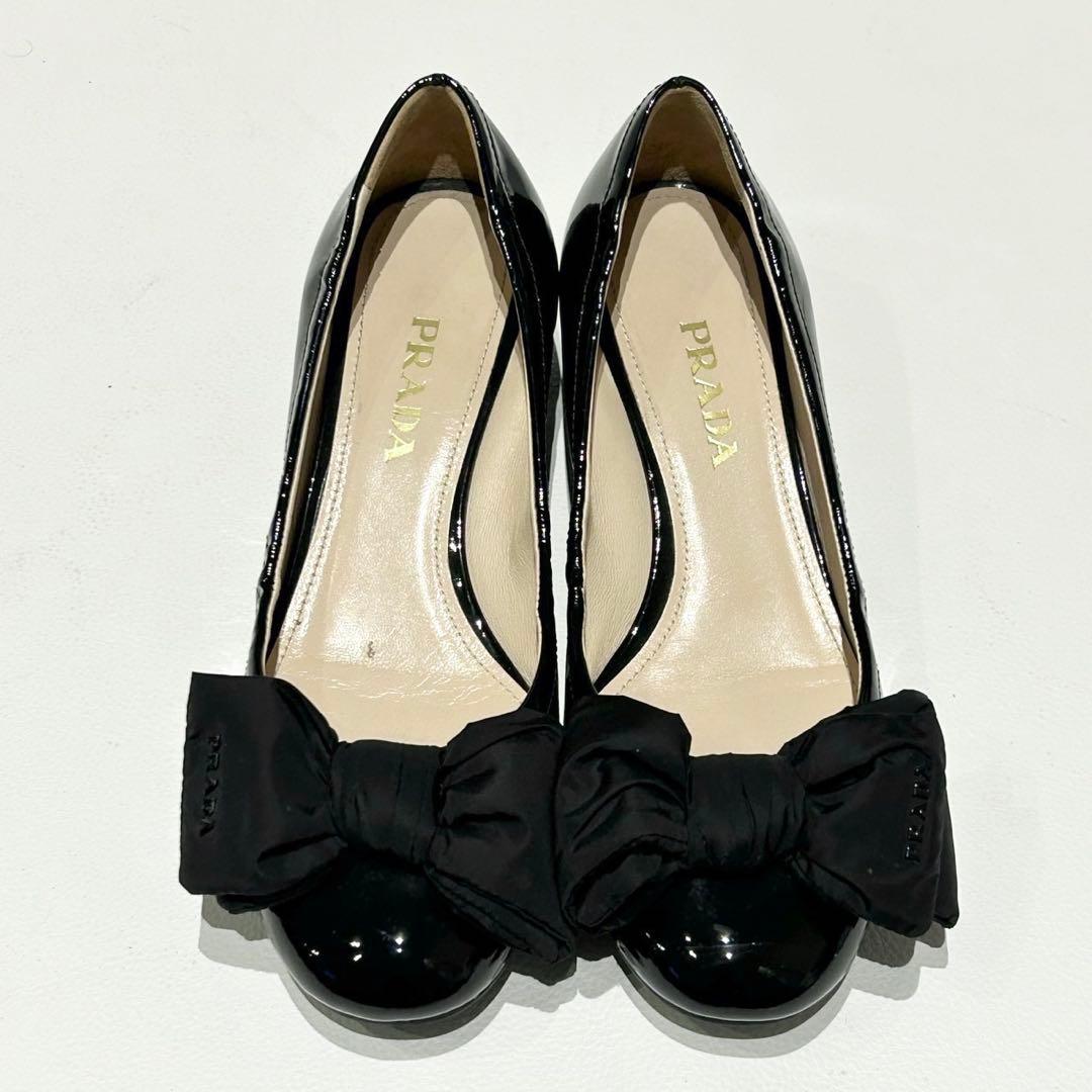 PRADA リボン ロゴ パンプス エナメル ブラック 37 1/2