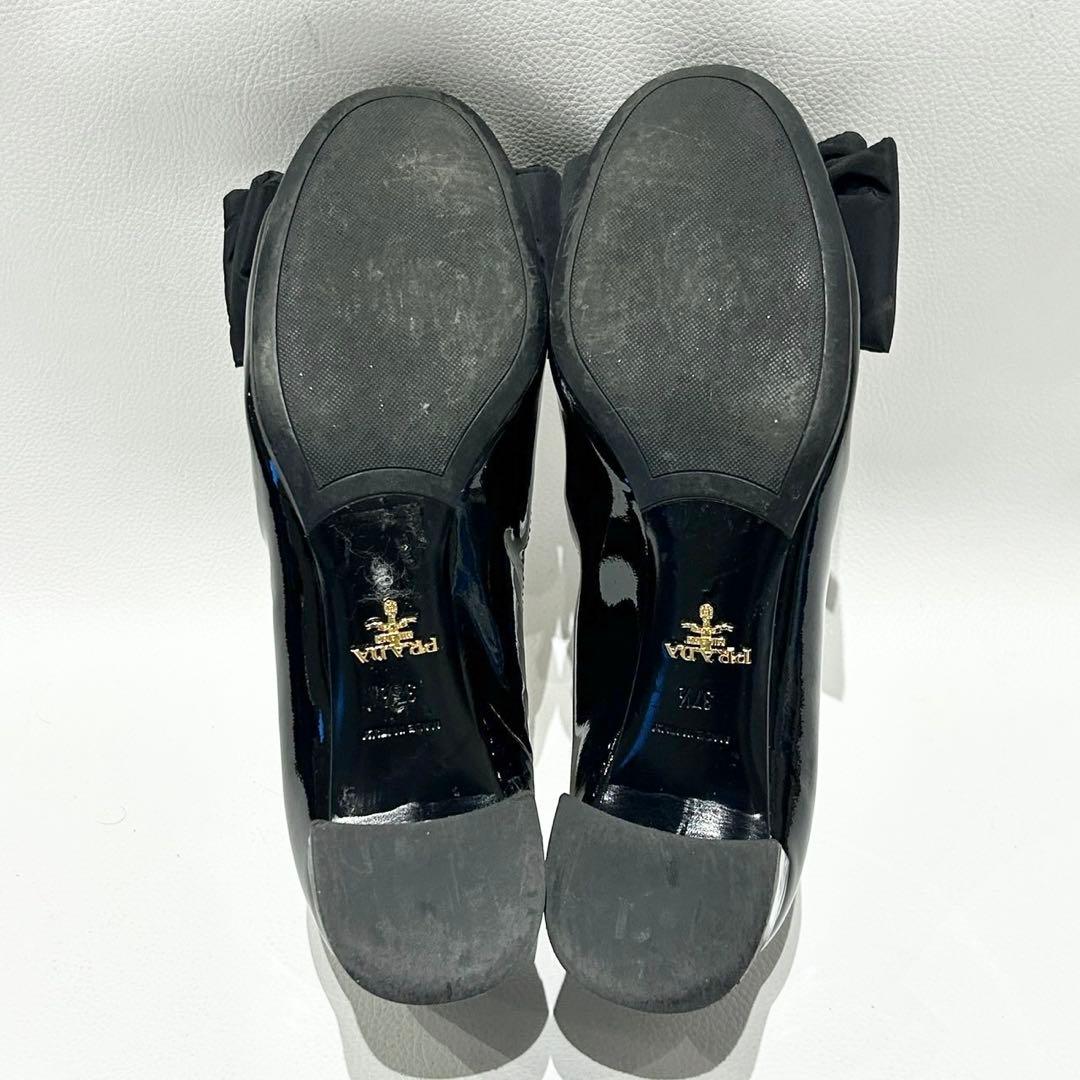 PRADA リボン ロゴ パンプス エナメル ブラック 37 1/2