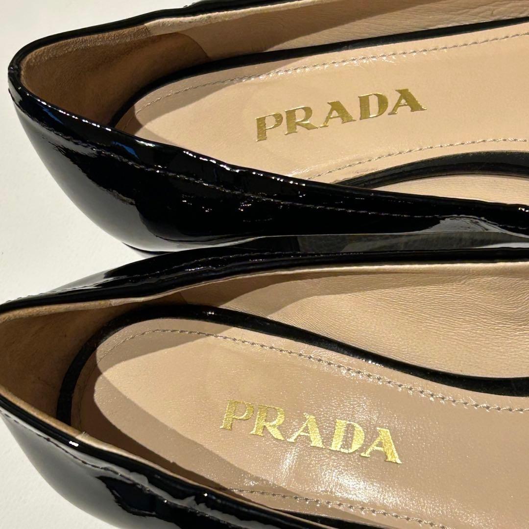 PRADA リボン ロゴ パンプス エナメル ブラック 37 1/2