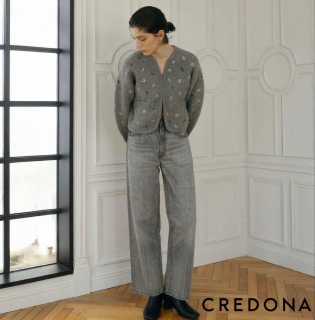 クレドナ CREDONA フラワー エンブロイダリー ニット ジャケット　グレー