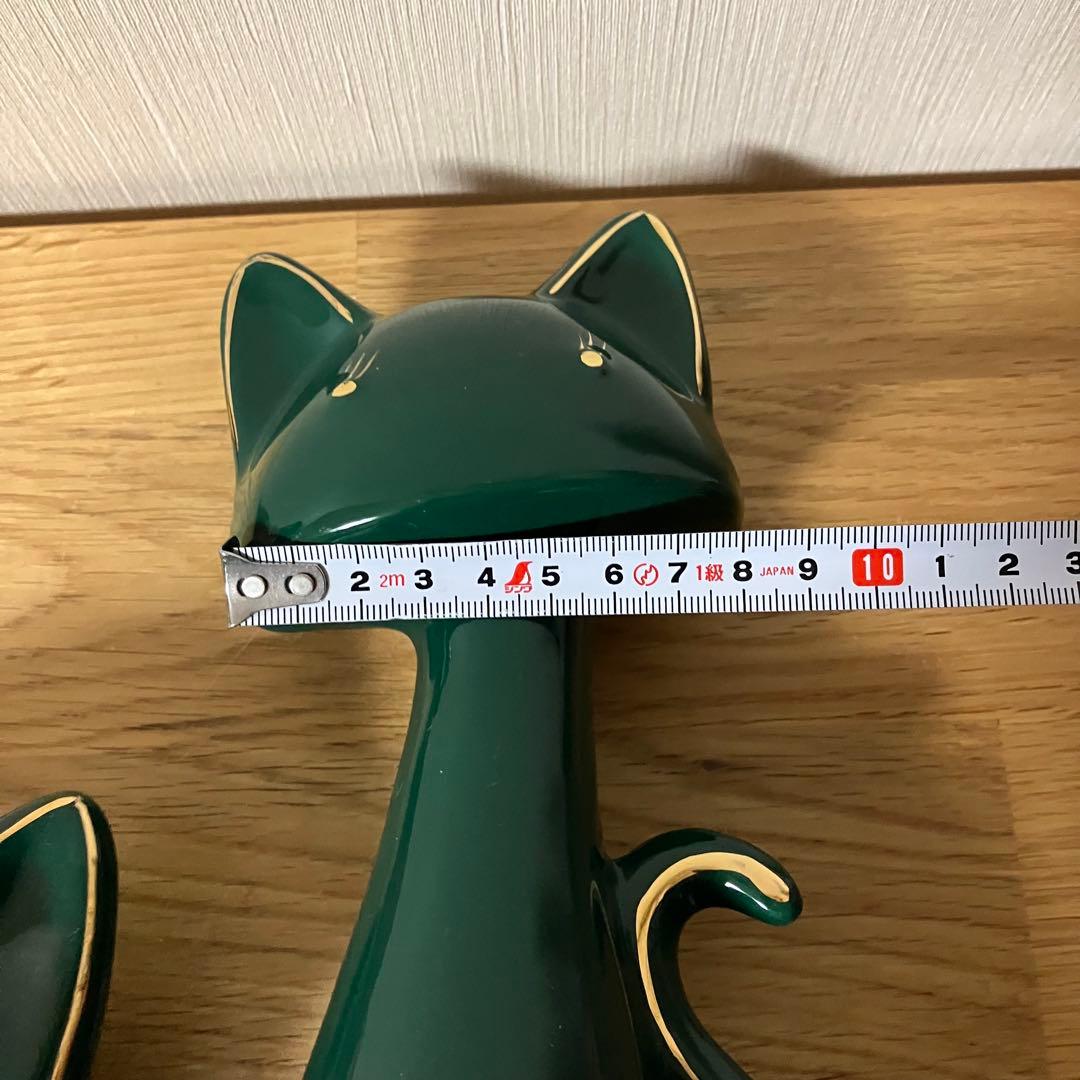 陶器製　猫　ネコ　ペア　グリーン　置物