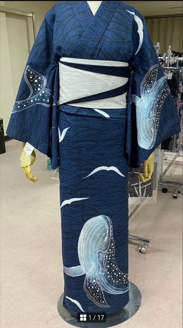 ★最終★レア柄★めずらしい絵羽柄浴衣.紺地波柄★夏きもの大人の浴衣