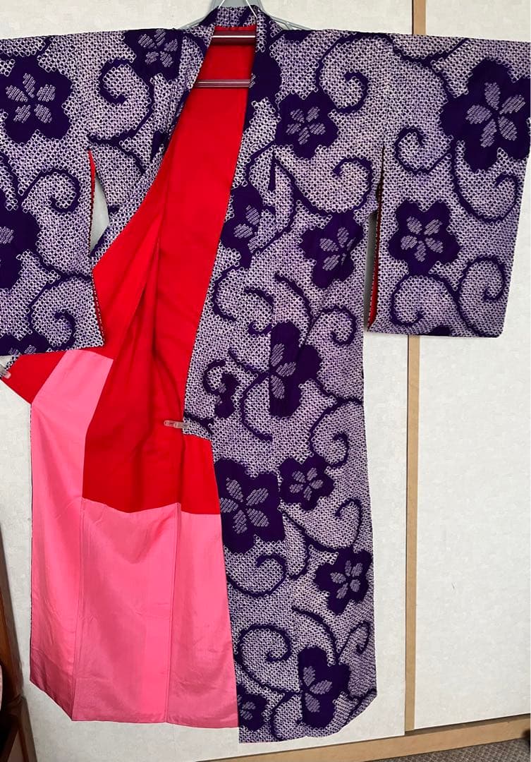 【雪月花 】着物◎アンティーク 袷 総絞り 古代紫 唐草模様 花