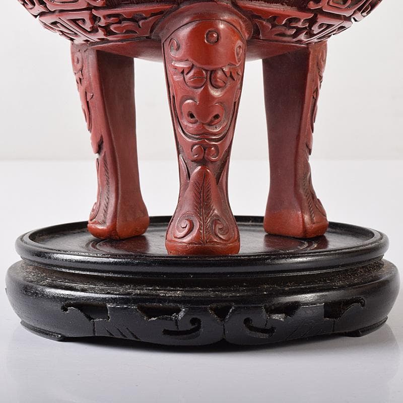中国　剔紅　堆朱　神獣彫　香炉　唐木台付　D　R8251