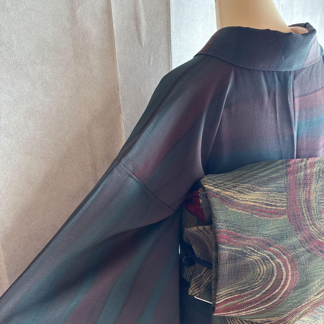 小紋　フルセット　着物　トールサイズ　正絹　大人着物　深色格子　粋　J1