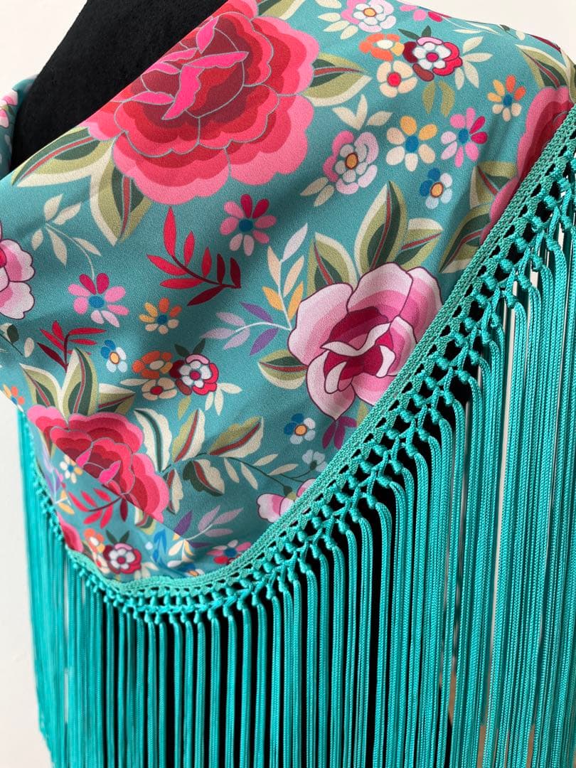 フラメンコ　マントンシージョ ブルーグリーンxマントン風花柄　ブルグリフレコ