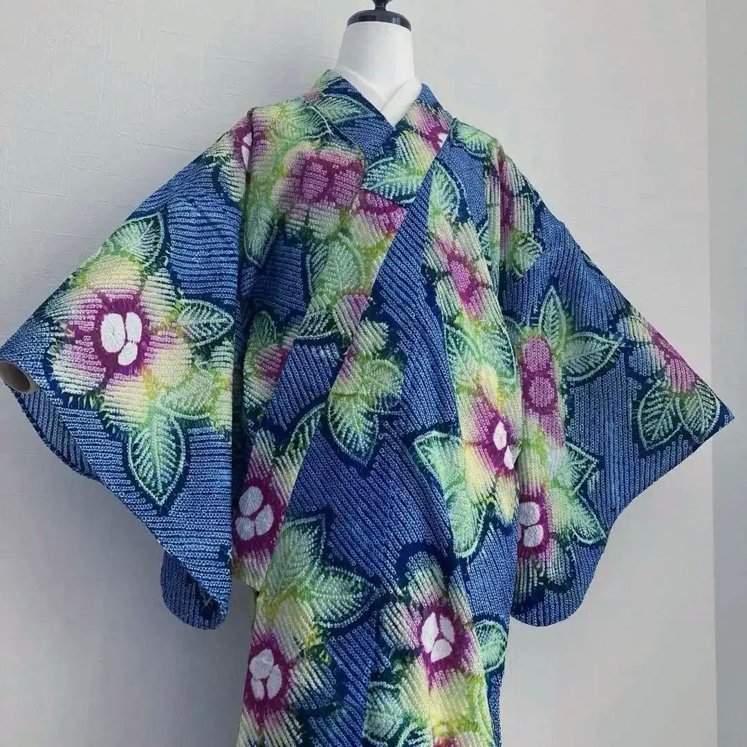 有松鳴海絞り　浴衣　絞り浴衣　手縫い　上質　大輪花模様　有松絞り　No.2-11