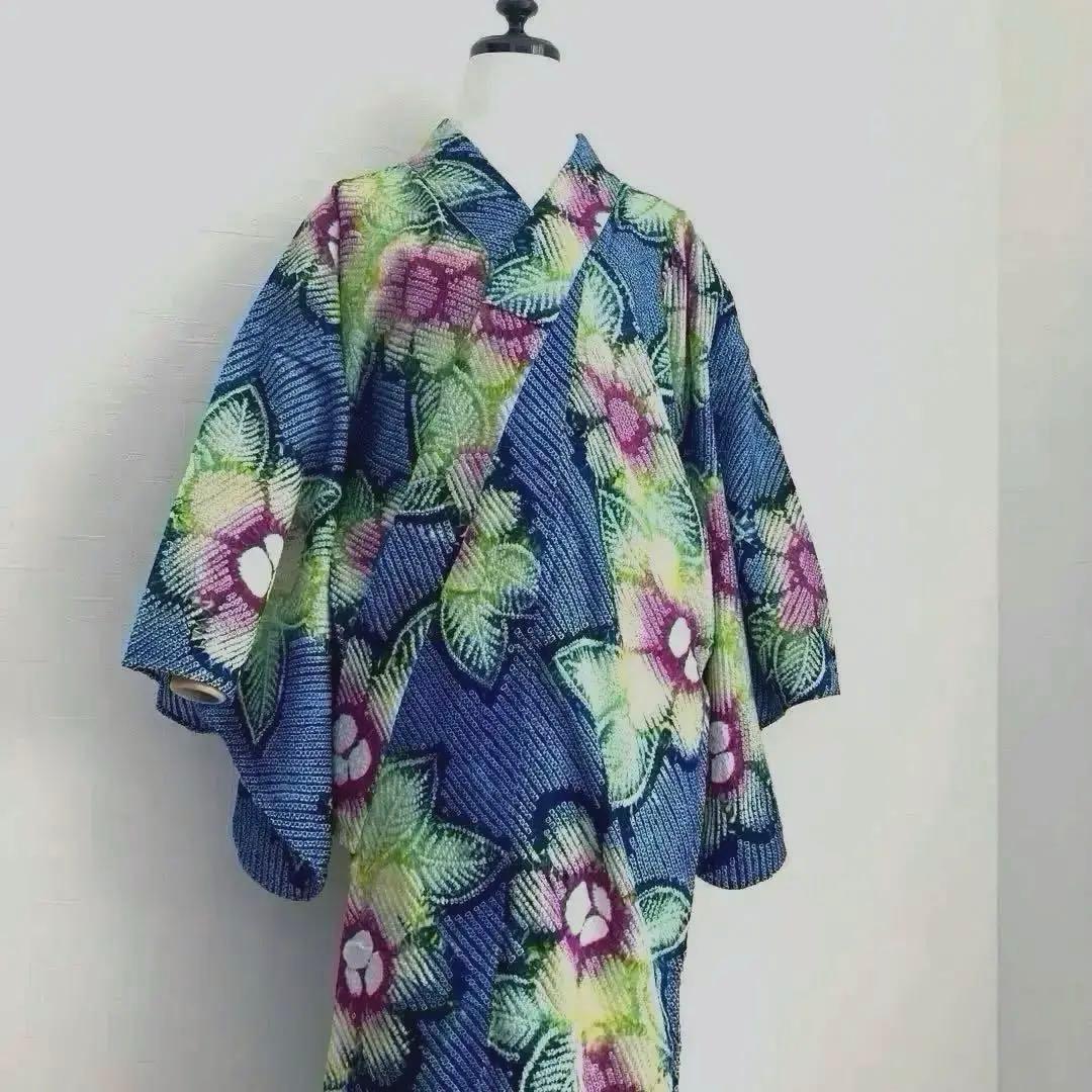 有松鳴海絞り　浴衣　絞り浴衣　手縫い　上質　大輪花模様　有松絞り　No.2-11