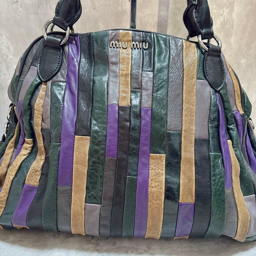 希少美品 miu miu パッチワーク ハンドバッグ Y2k マルチカラー 羊革
