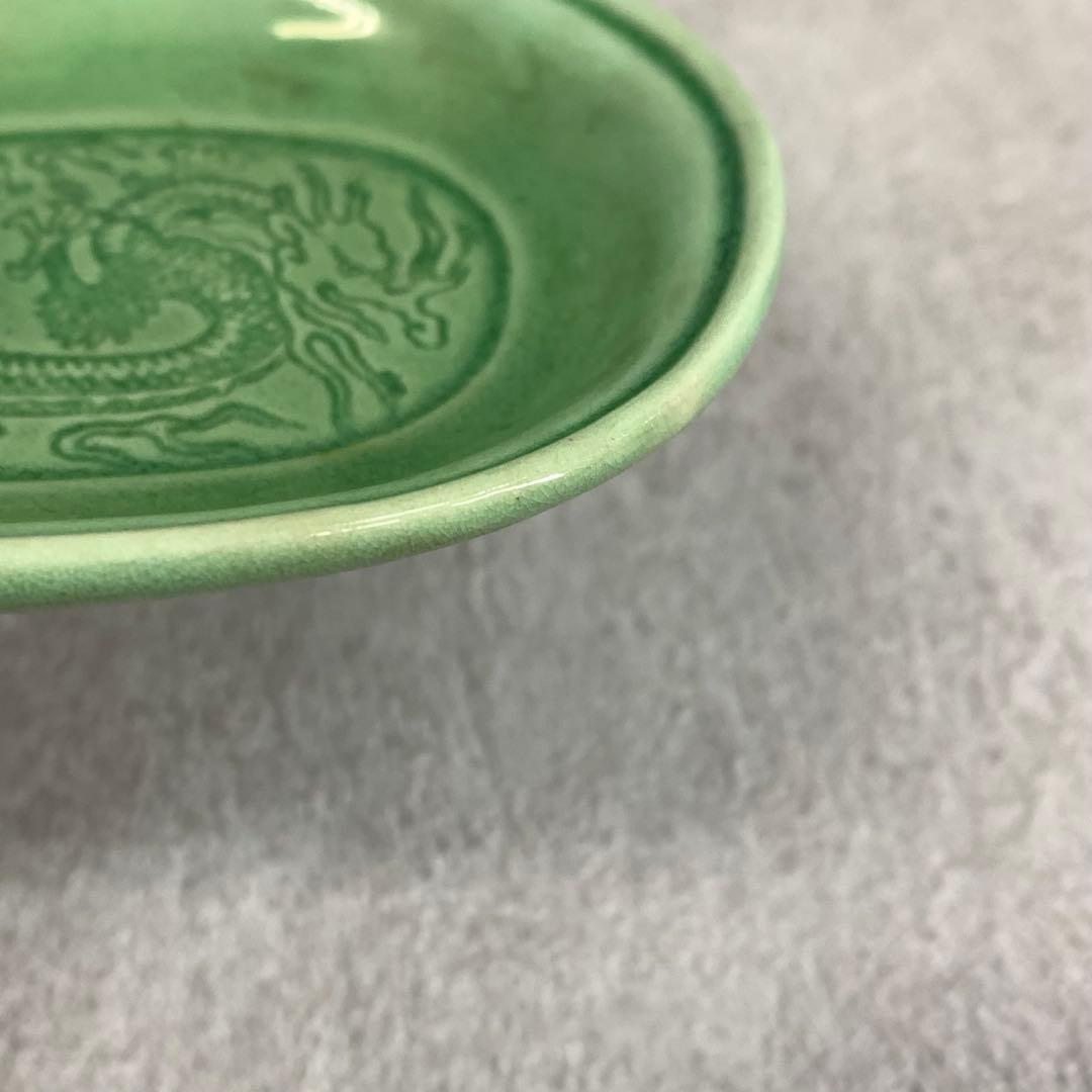 小皿5点 珉平焼 小判型 龍 淡路 人気 タイルグリーン 古皿 手塩皿 緑 翠