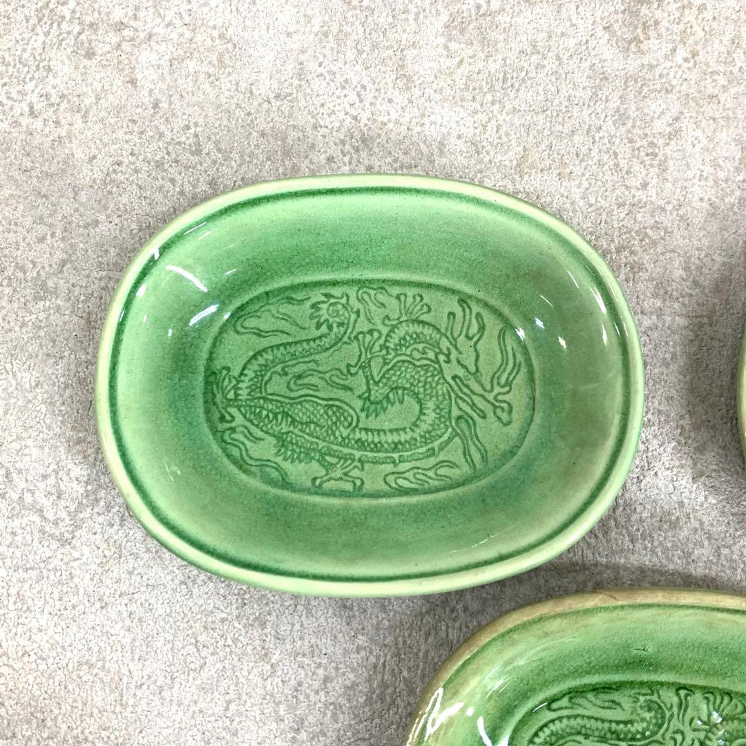 小皿5点 珉平焼 小判型 龍 淡路 人気 タイルグリーン 古皿 手塩皿 緑 翠