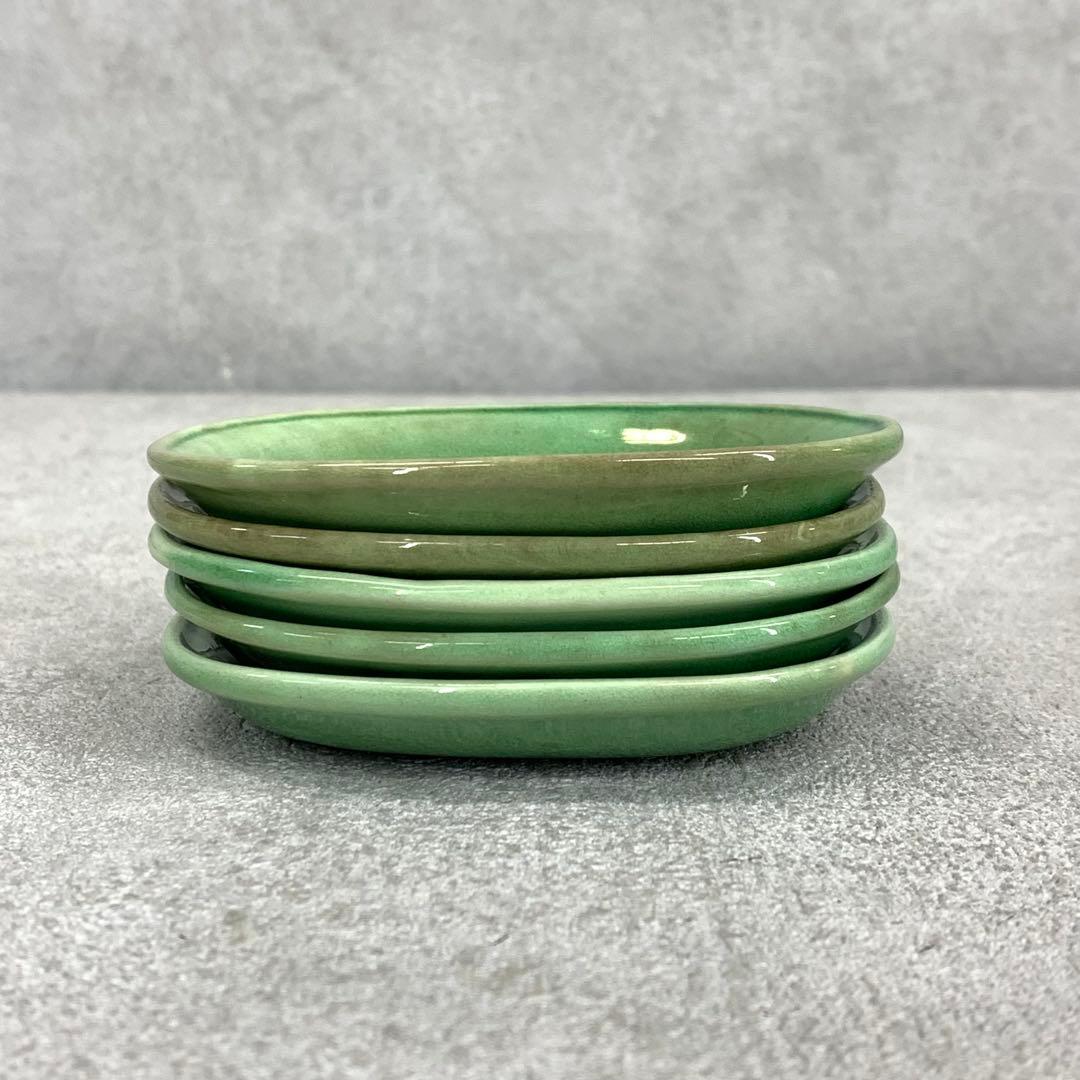 小皿5点 珉平焼 小判型 龍 淡路 人気 タイルグリーン 古皿 手塩皿 緑 翠
