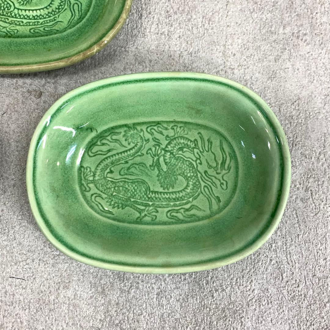 小皿5点 珉平焼 小判型 龍 淡路 人気 タイルグリーン 古皿 手塩皿 緑 翠