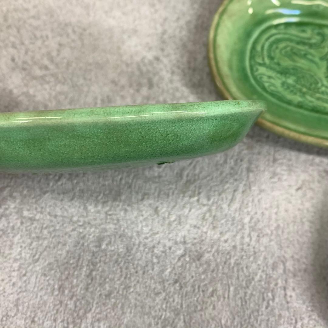 小皿5点 珉平焼 小判型 龍 淡路 人気 タイルグリーン 古皿 手塩皿 緑 翠