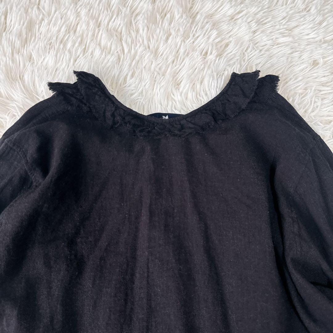 45R コットン100% フリルブラウス ブラック やわらか素材 ナチュラル風合