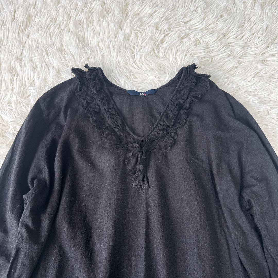 45R コットン100% フリルブラウス ブラック やわらか素材 ナチュラル風合