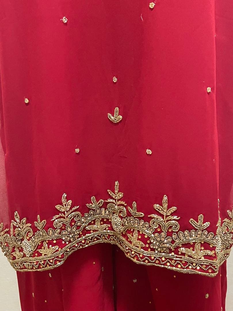 インド民族衣装高級レッド刺繍クルタセット／豪華インドパーティードレス【OT14】