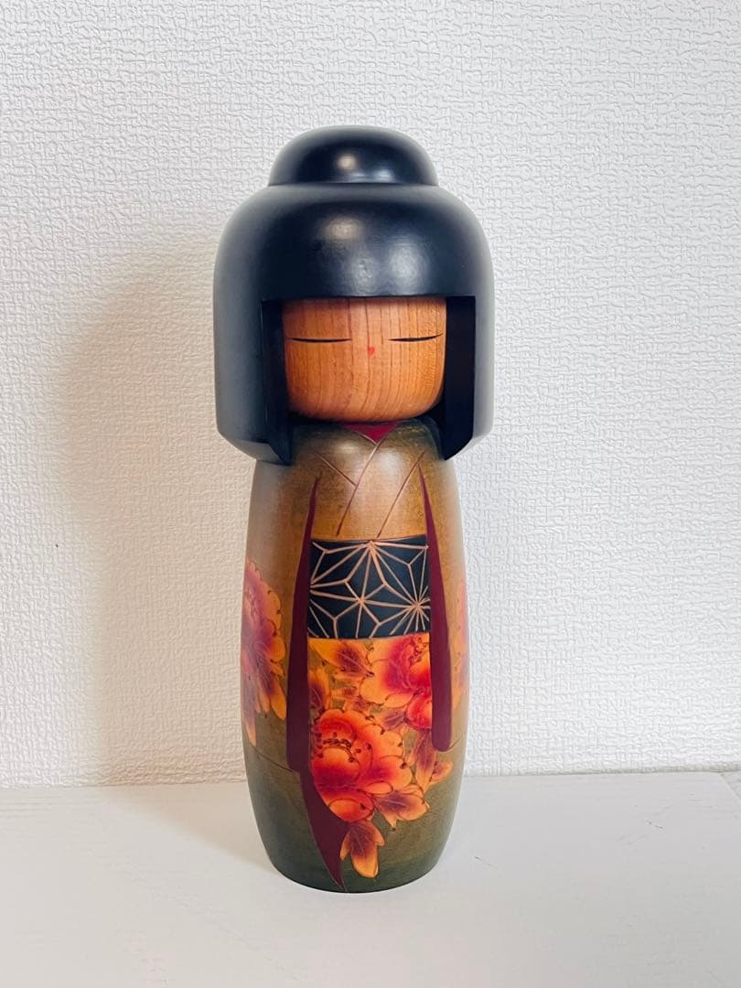 創作こけし 翠崕之作 特大 28cm 越後村上 手描き 牡丹