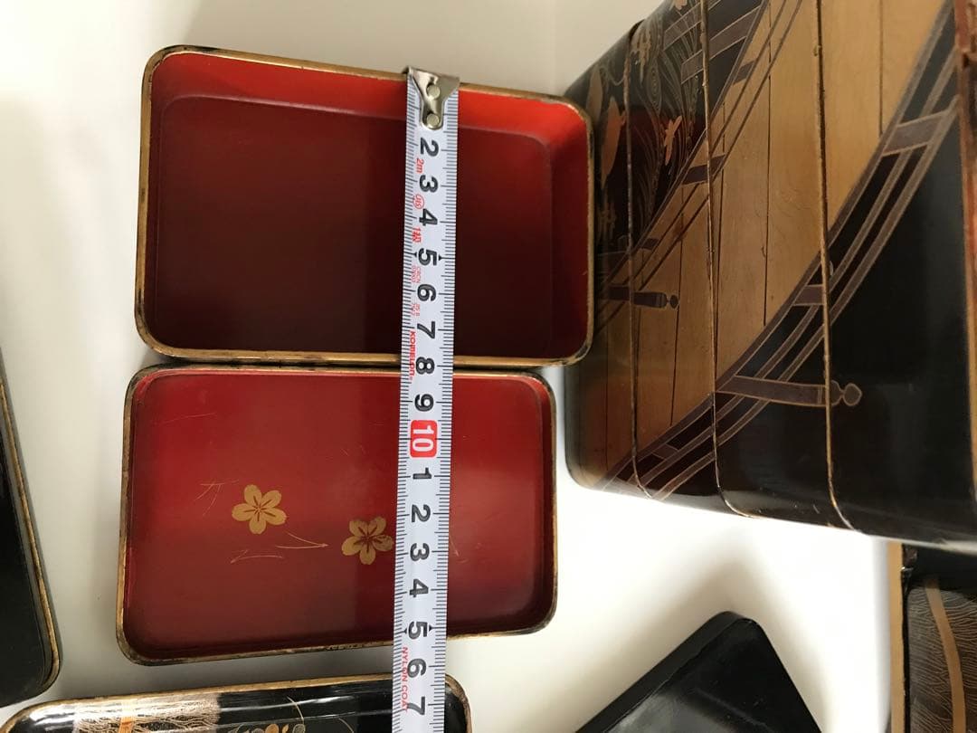 江戸 明治時代 骨董 漆器 金蒔絵　野弁当　重箱 風景花絵　黒塗内朱　天然木