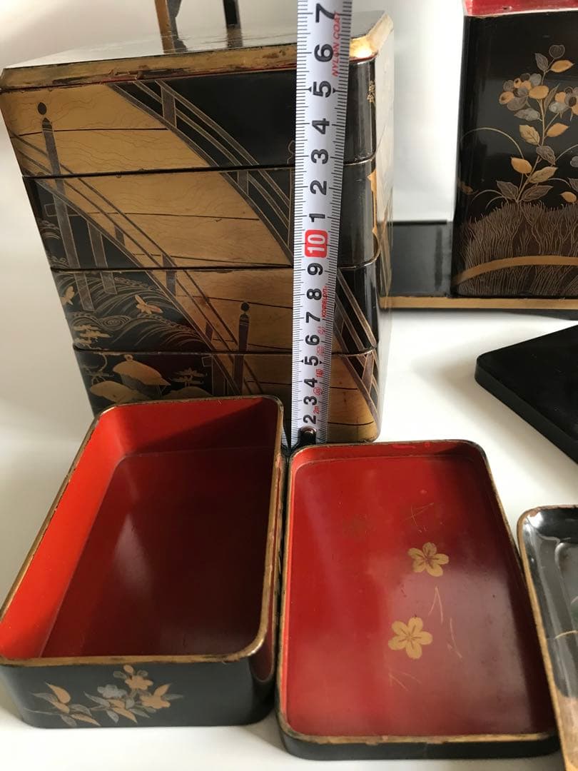 江戸 明治時代 骨董 漆器 金蒔絵　野弁当　重箱 風景花絵　黒塗内朱　天然木