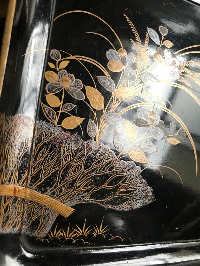 江戸 明治時代 骨董 漆器 金蒔絵　野弁当　重箱 風景花絵　黒塗内朱　天然木