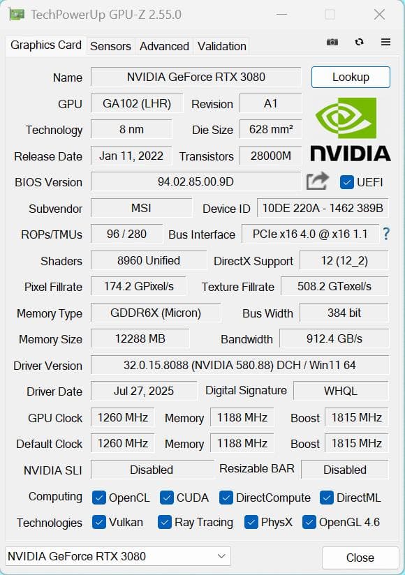 グラフィックボード・グラボ・ビデオカード GeForce RTX 3080 GAMING Z TRIO 12G LHR