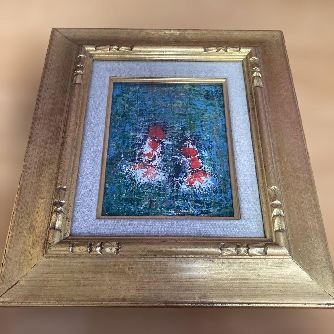 金魚 油彩画 金色フレーム