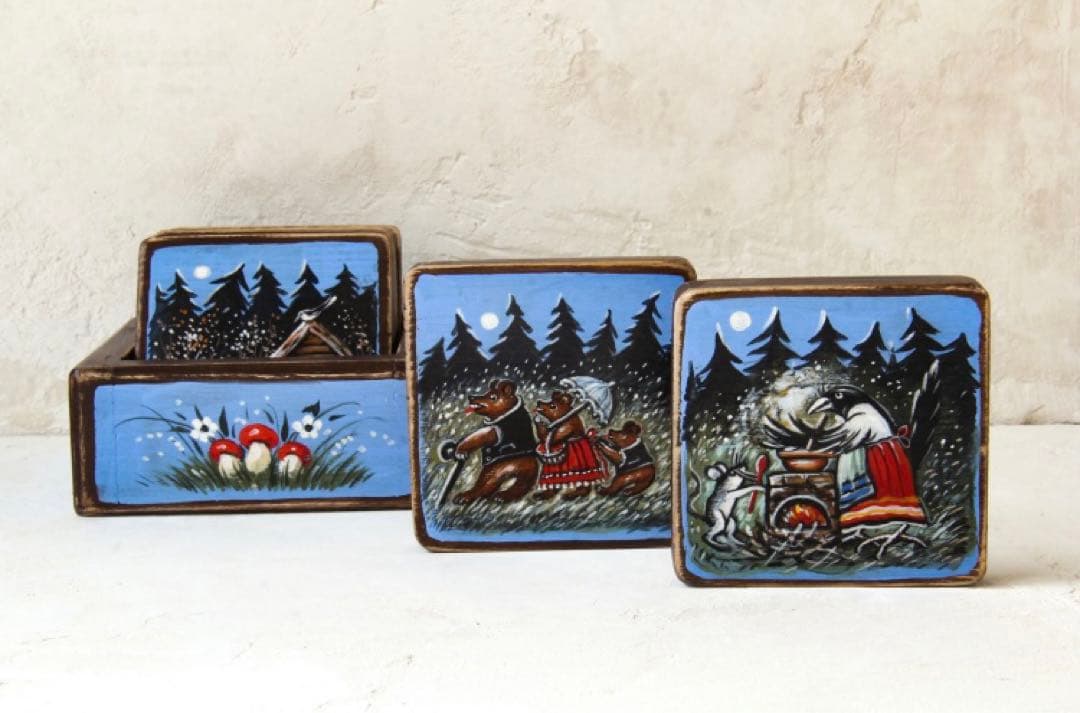 ロシア雑貨☆ロシア民話『３匹の熊』ほか コースター6枚セット マトリョーシカ