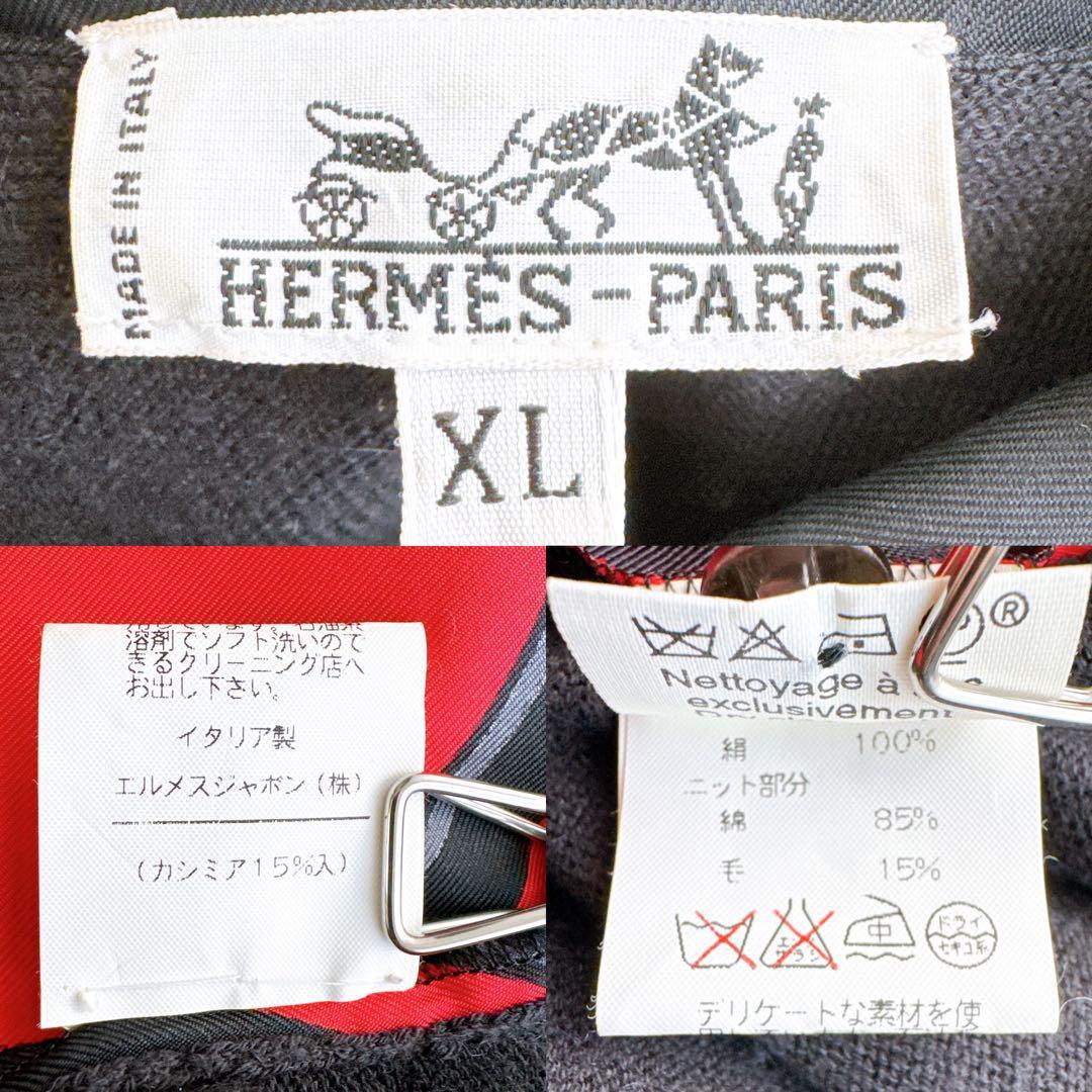 オールド エルメス ニット　シャツ　切替　異素材　スカーフ柄　シルク　カシミヤ