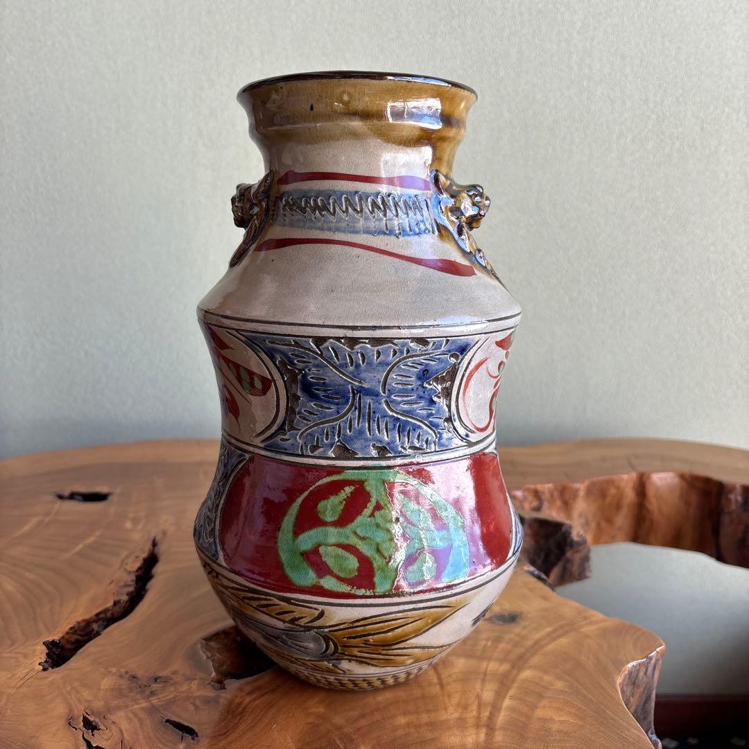 琉球壺屋焼 花瓶 高さ26cm 新垣勲作 花入 やちむん 共箱