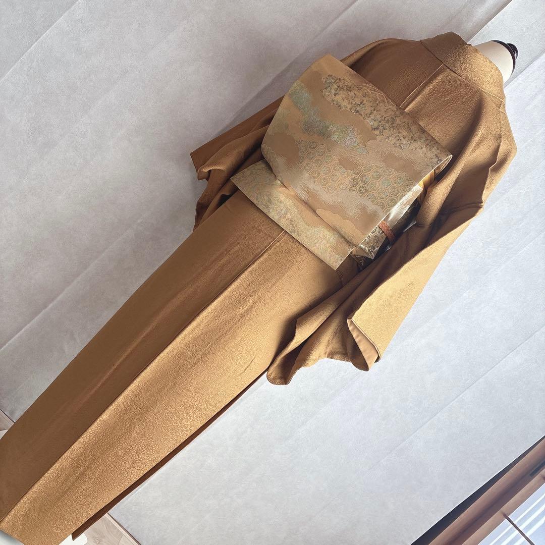 色無地　フルセット　着物　正絹　卒業式　入学式　植物地紋　山吹色　G9