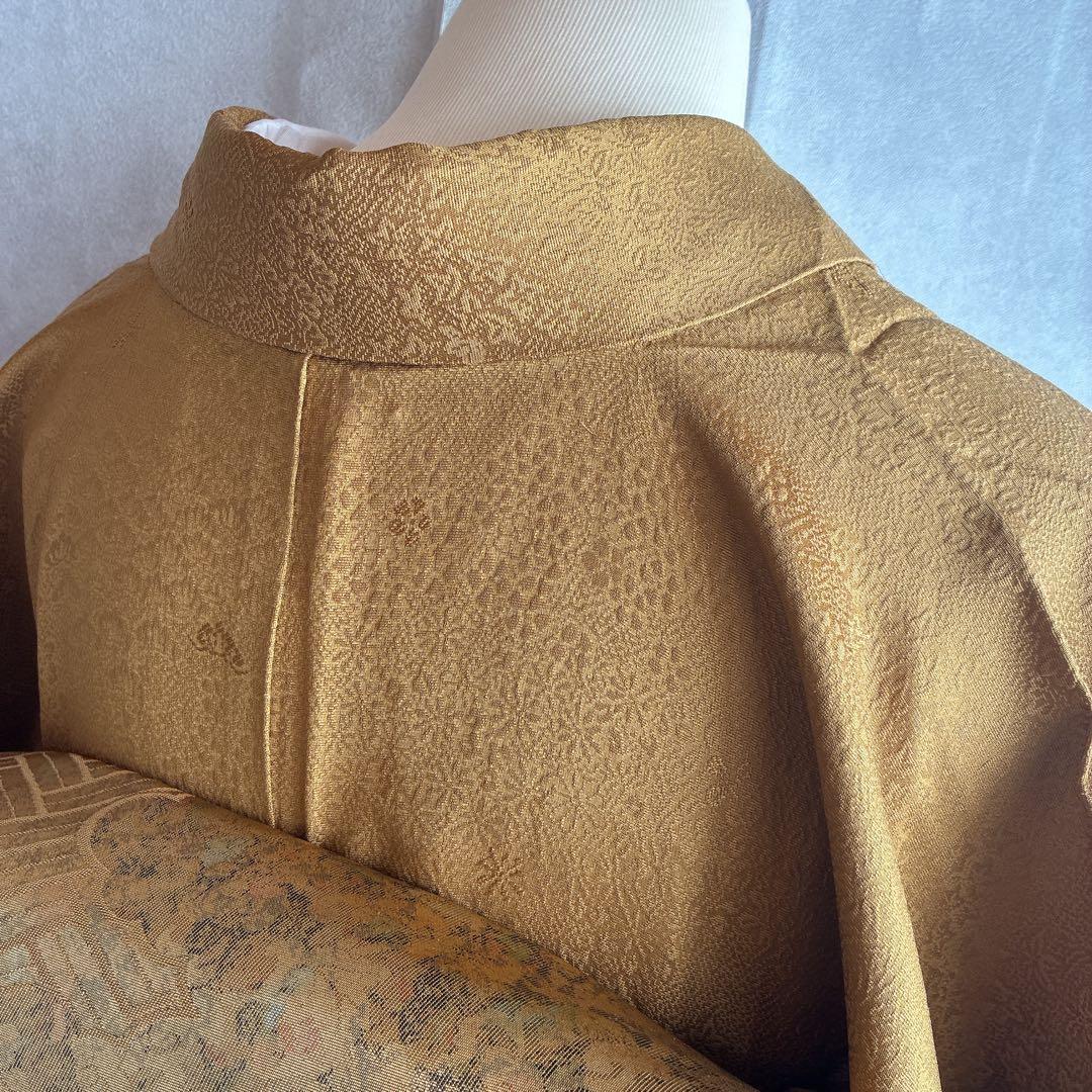 色無地　フルセット　着物　正絹　卒業式　入学式　植物地紋　山吹色　G9