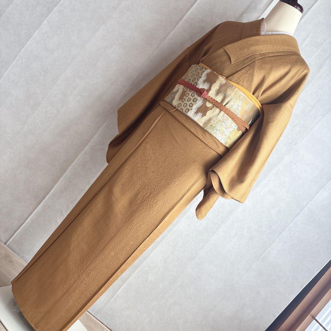 色無地　フルセット　着物　正絹　卒業式　入学式　植物地紋　山吹色　G9