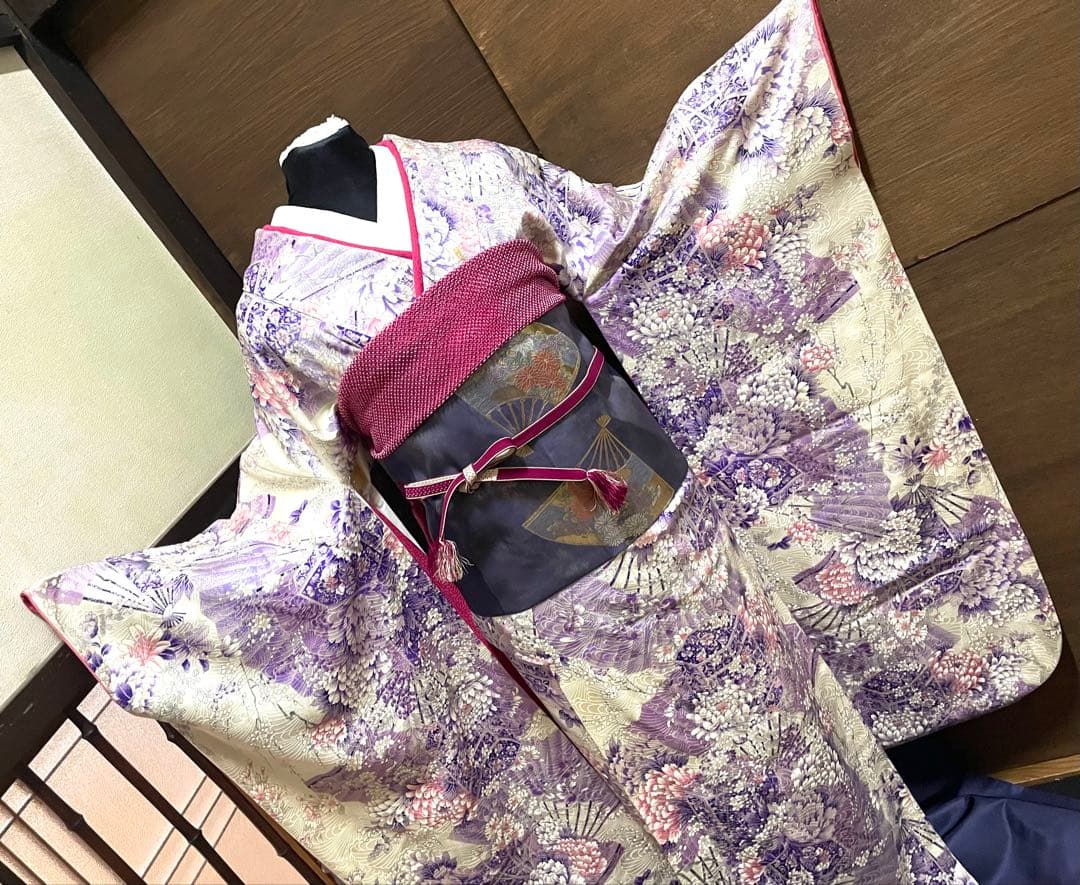 振袖 フルセット6点サイズS〜M 貝桶花文正絹袋帯唐織扇面御所車花文　金銀糸引箔