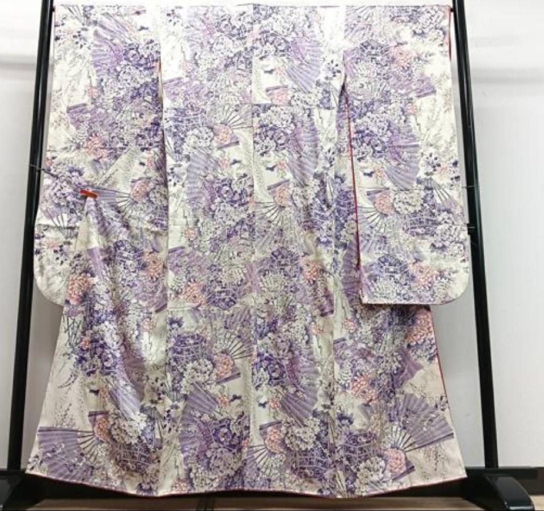 振袖 フルセット6点サイズS〜M 貝桶花文正絹袋帯唐織扇面御所車花文　金銀糸引箔