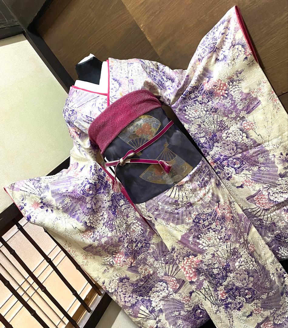 振袖 フルセット6点サイズS〜M 貝桶花文正絹袋帯唐織扇面御所車花文　金銀糸引箔