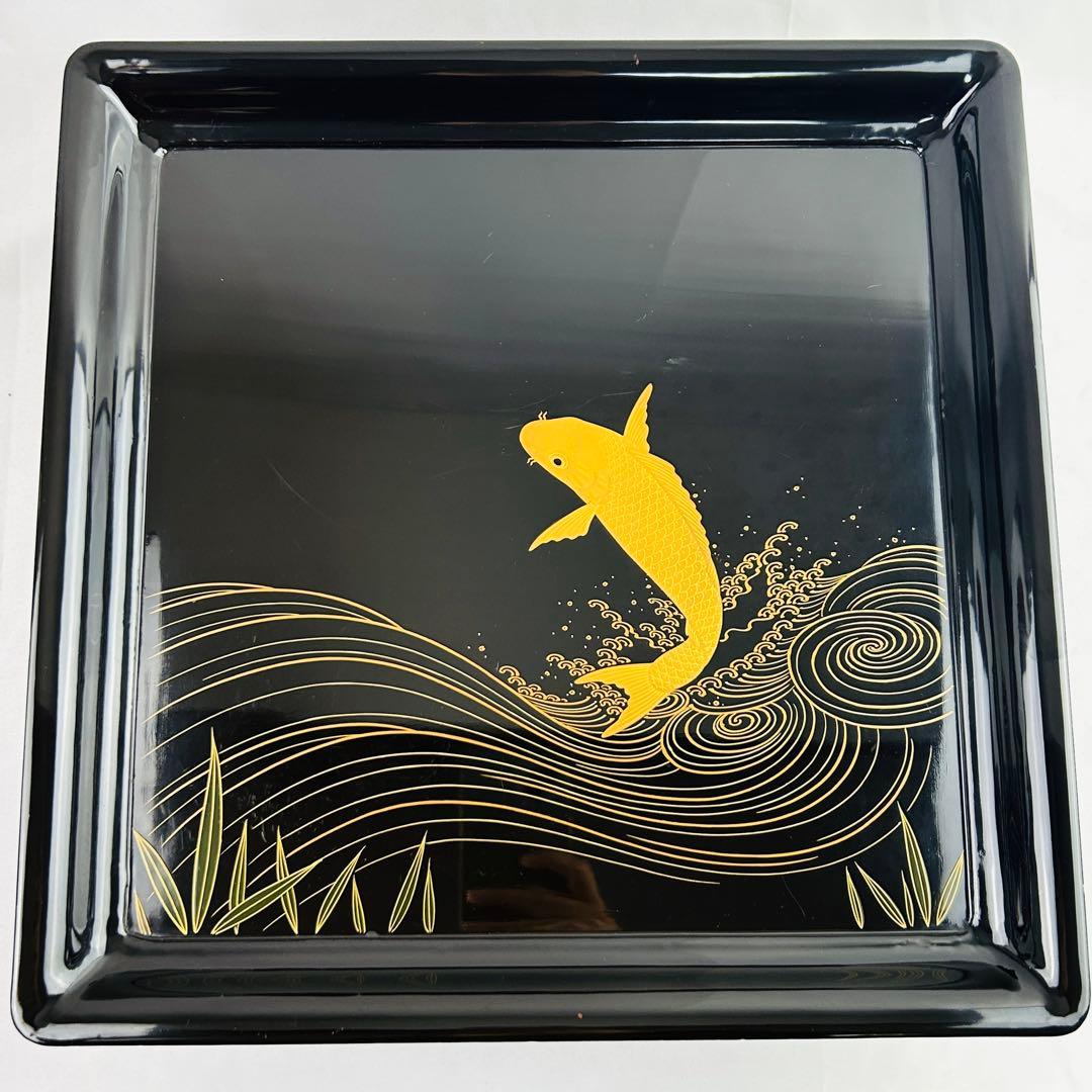 輪島塗 脚付き御膳 10枚揃 鯉蒔絵 黒塗 木箱付　古漆器