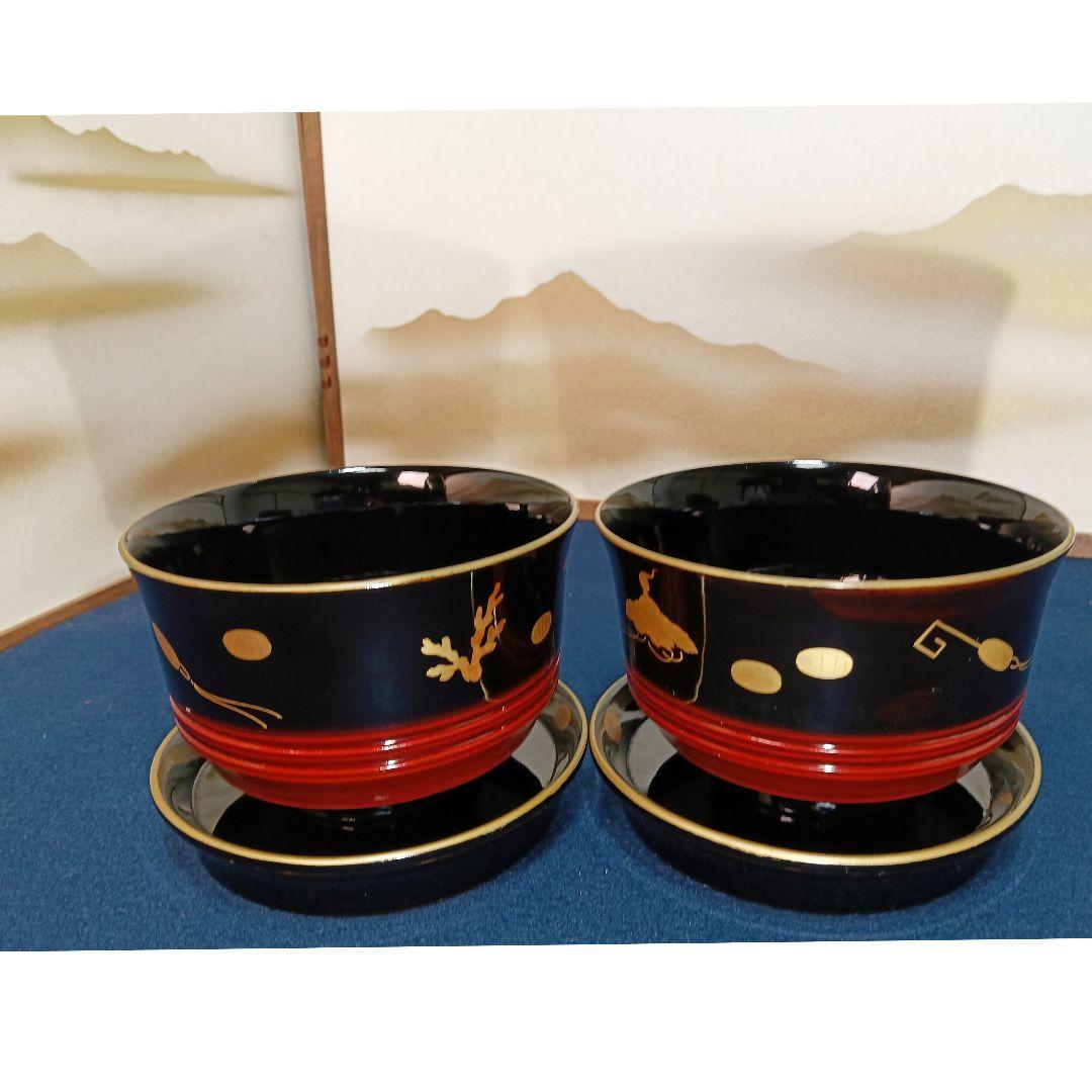 AO71 時代漆器 盃洗 一対 宝尽くし 蒔絵 受け皿付 木製漆塗り 木箱入り