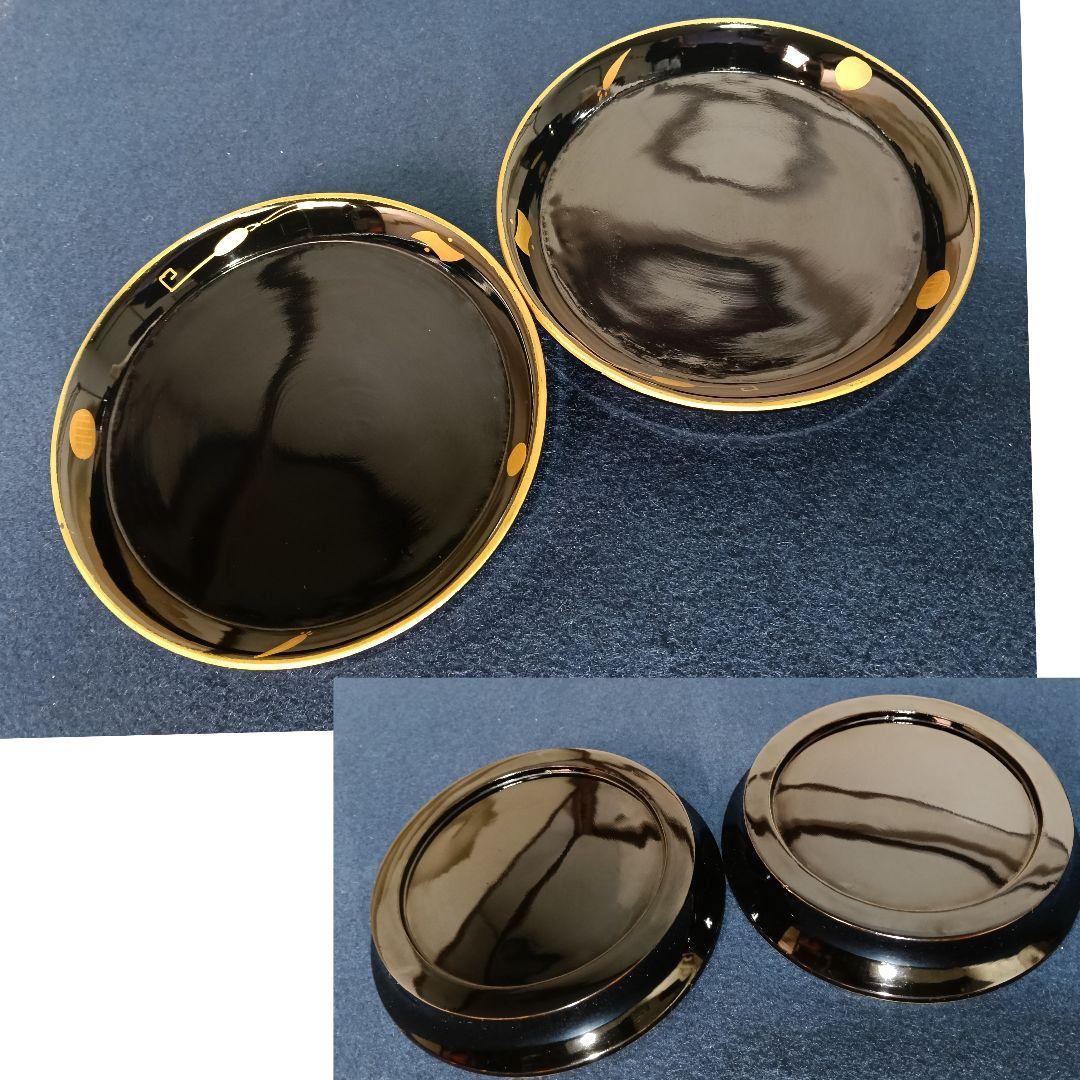 AO71 時代漆器 盃洗 一対 宝尽くし 蒔絵 受け皿付 木製漆塗り 木箱入り