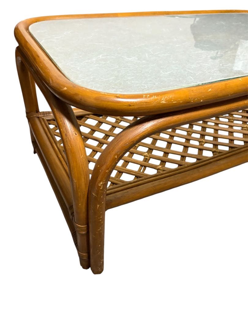 ラタン　籐　ラタンテーブル　ガラステーブル　ローテーブル　レトロ　アンティーク