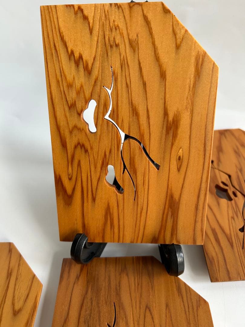 未使用　銘木 屋久杉 銘々皿 切り抜きデザイン 絵変わり　6枚セット